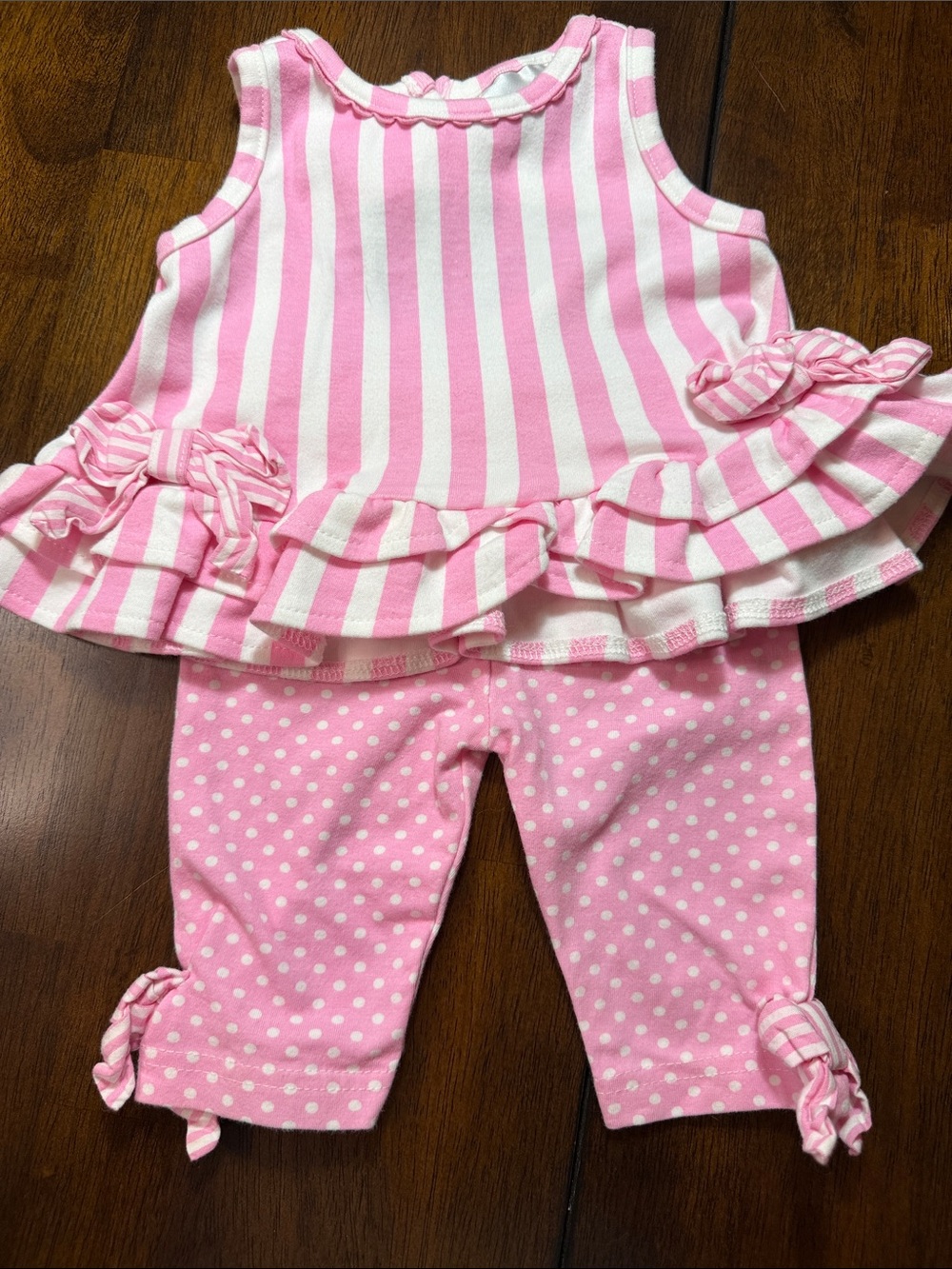 Rare Editions Pink & White Striped Ruffle Top with Polka Dot Pants